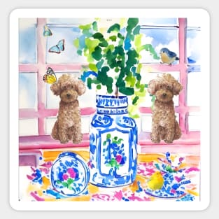 Dogs and chinoiserie jars watercolor Sticker